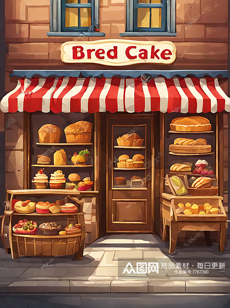 面包蛋糕店铺卡通插画AI数字艺术素材