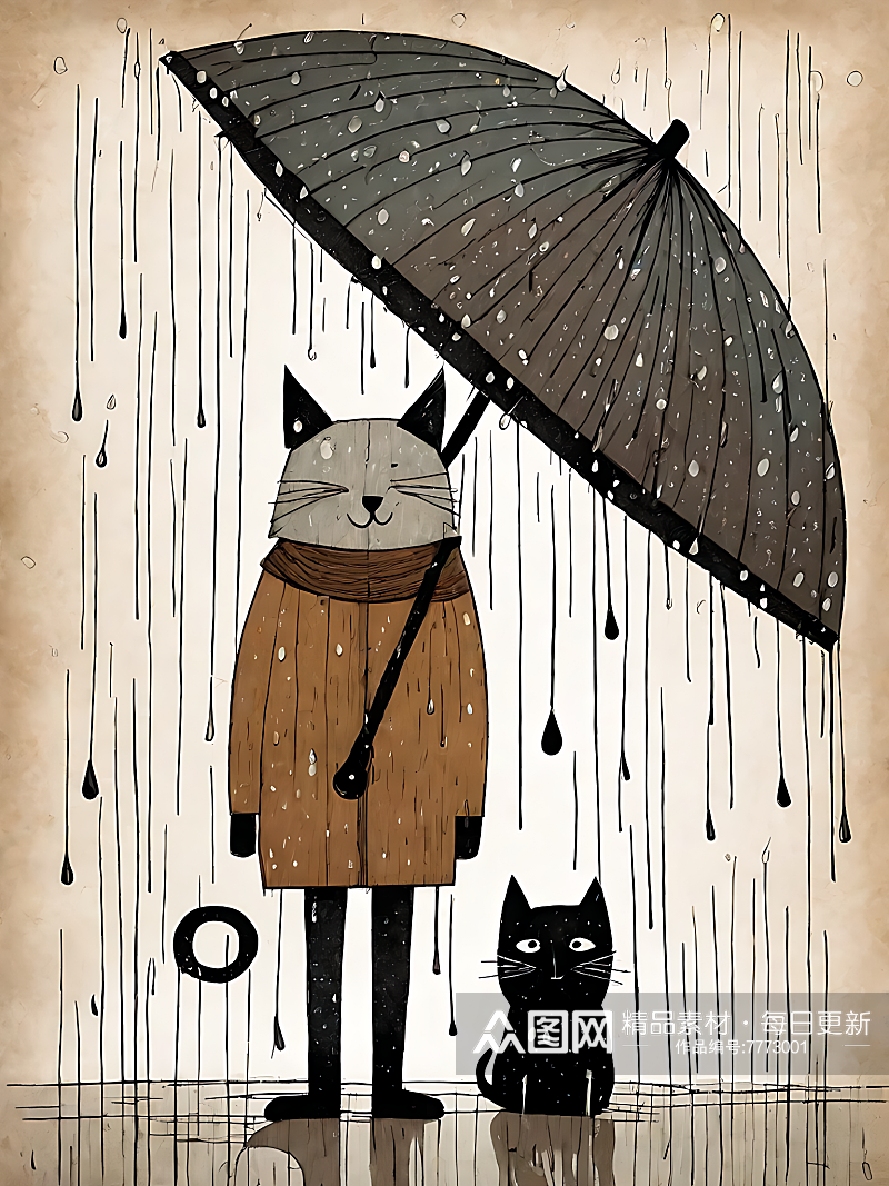 下雨天的猫和狗漫画AI数字艺术素材