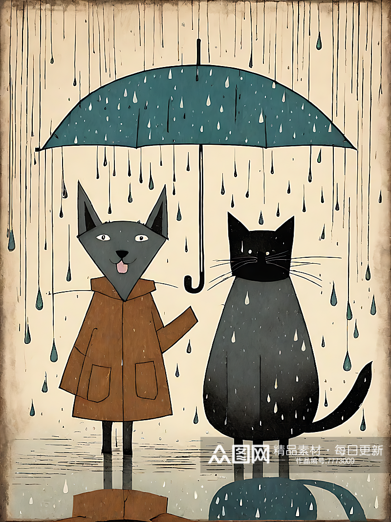 AI数字艺术下雨天的猫和狗漫画素材