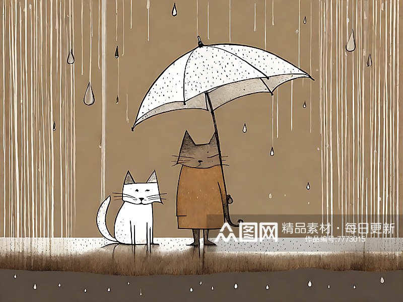 AI数字艺术下雨天的猫和狗漫画素材