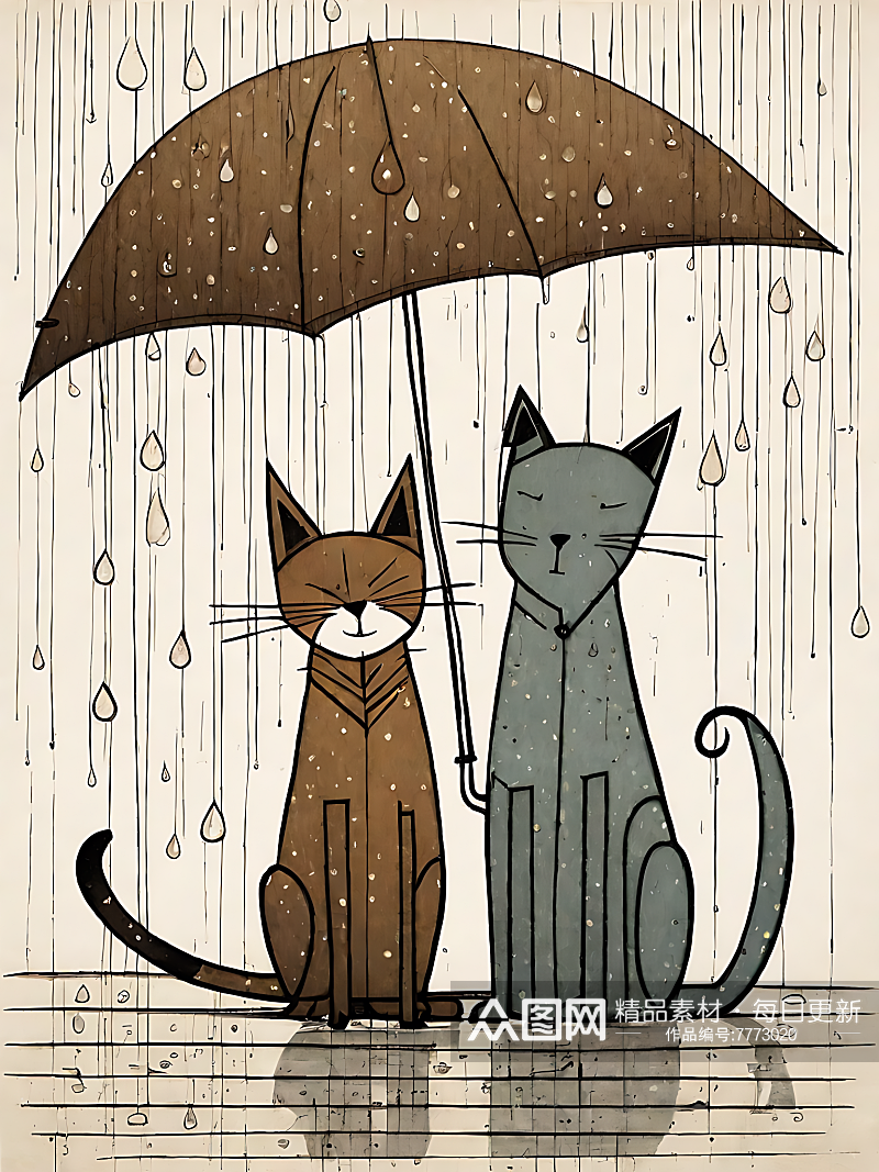 AI数字艺术下雨天的猫和狗漫画素材