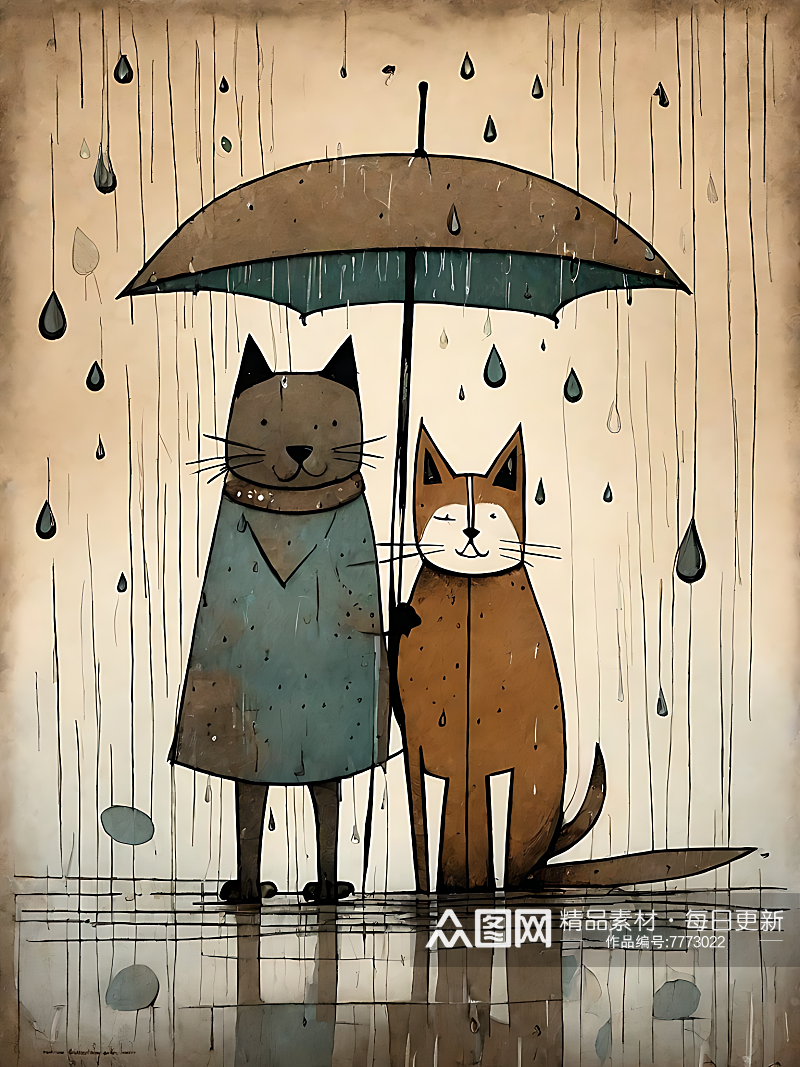 AI数字艺术下雨天的猫和狗漫画素材