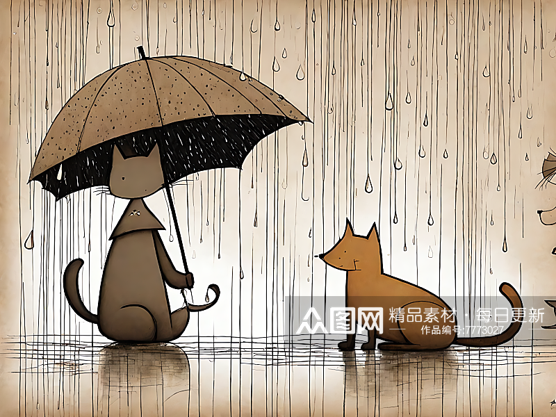 AI数字艺术下雨天的猫和狗漫画素材