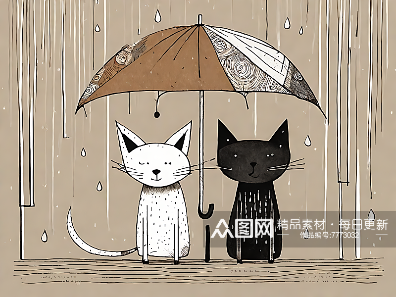 AI数字艺术下雨天的猫和狗漫画素材