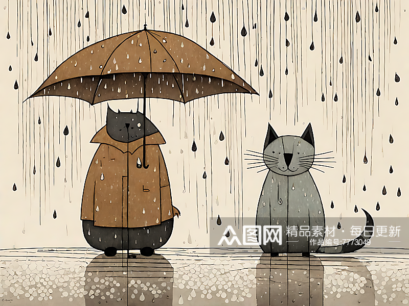 下雨天的猫和狗漫画AI数字艺术素材