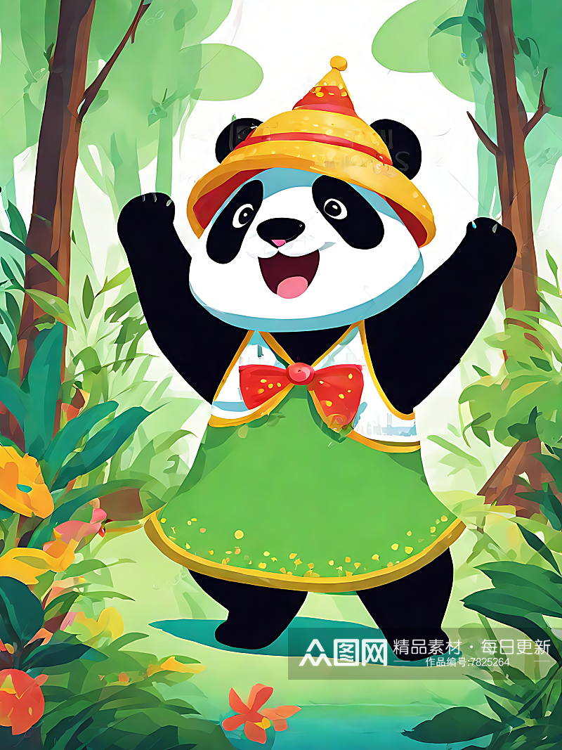 卡通风森林里快乐的熊猫AI数字艺术素材