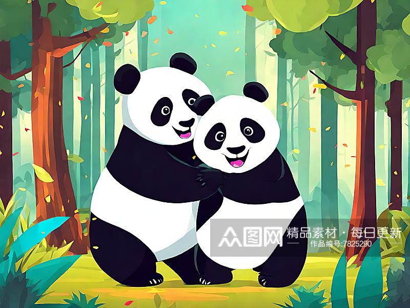 AI数字艺术卡通风森林里快乐的熊猫素材