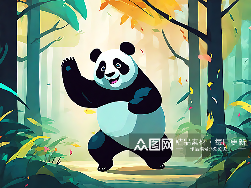 AI数字艺术卡通风森林里快乐的熊猫素材
