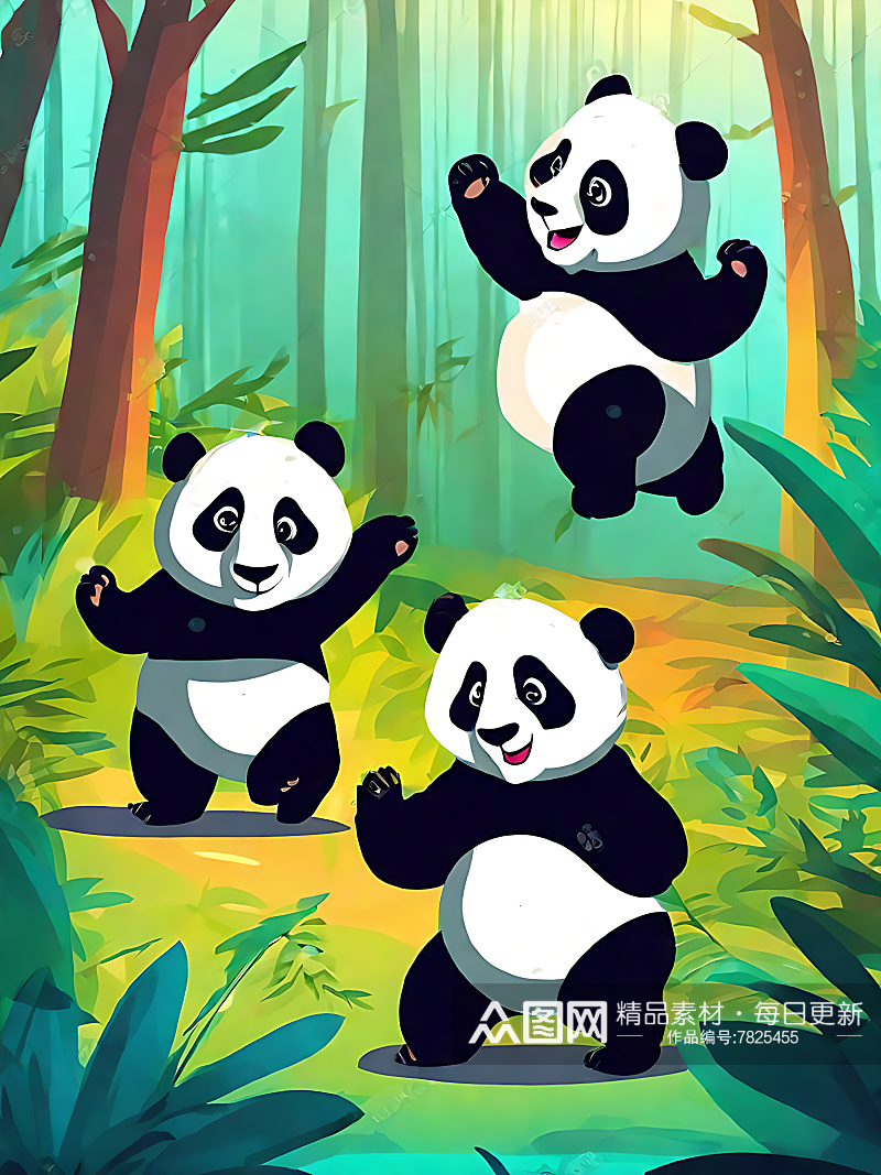 卡通风森林里快乐的熊猫AI数字艺术素材