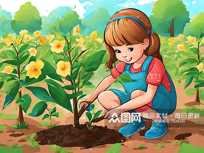 AI数字艺术种树的小女孩卡通插画素材