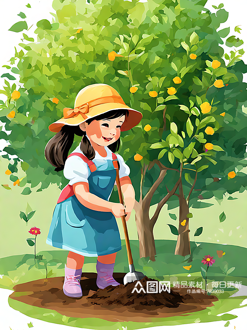 种树的小女孩卡通插画AI数字艺术素材