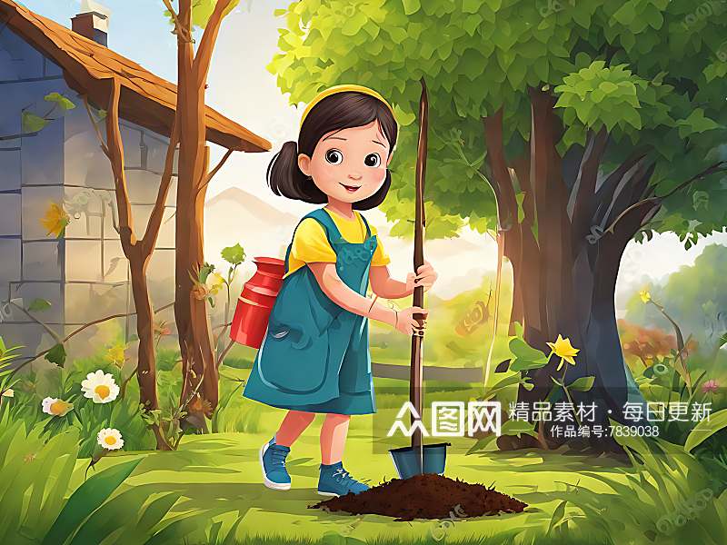 种树的小女孩卡通插画AI数字艺术素材