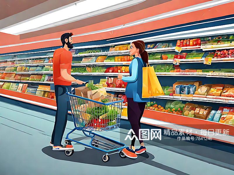 AI数字艺术逛超市的人卡通插画素材