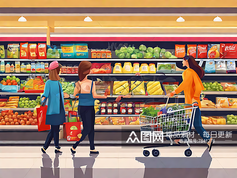AI数字艺术逛超市的人卡通插画素材