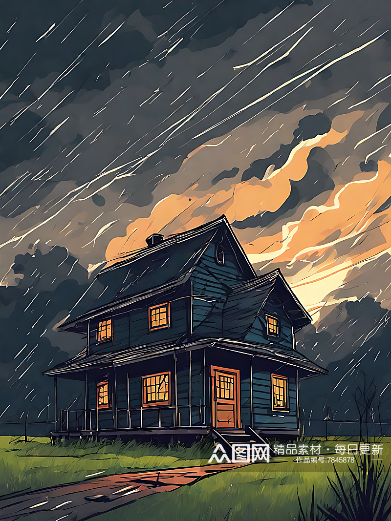 乌云电闪的下雨天插画AI数字艺术素材