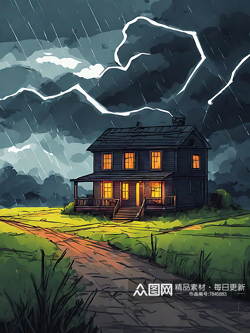 乌云电闪的下雨天插画AI数字艺术素材