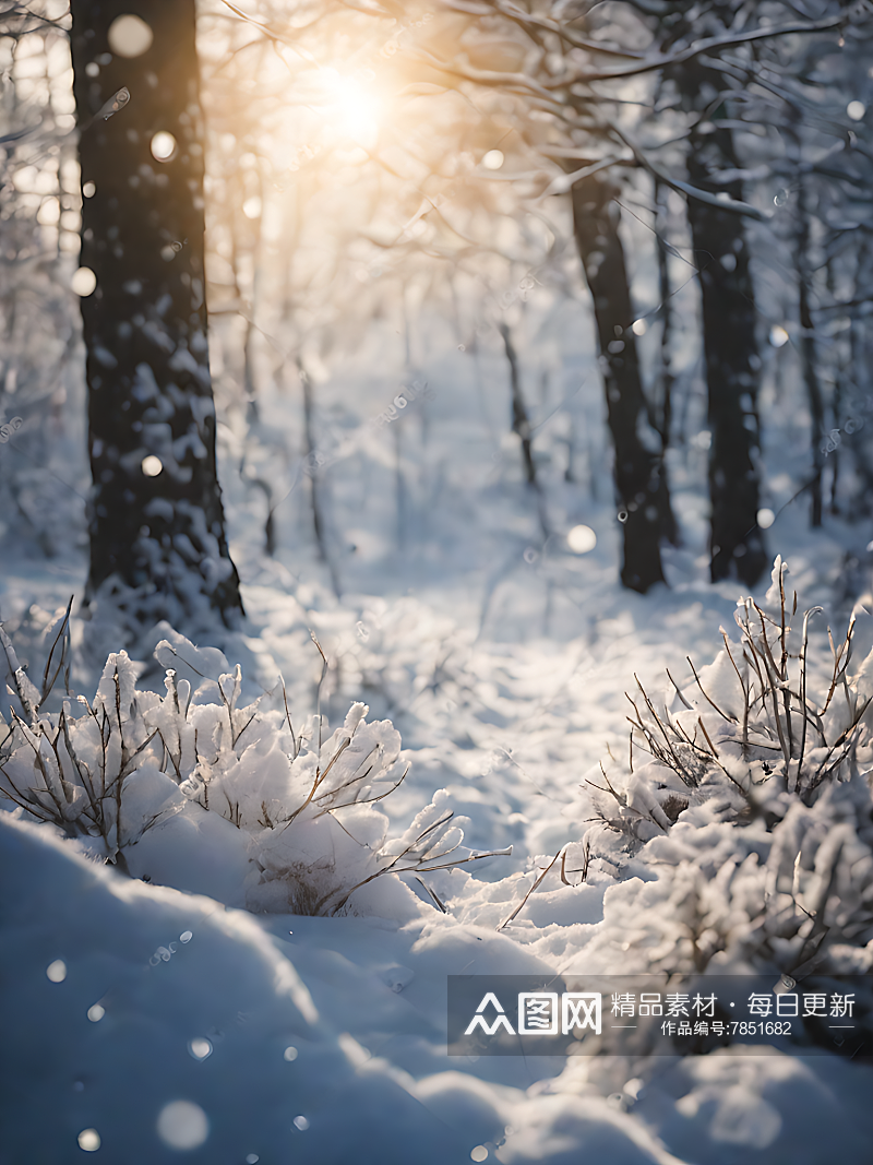 AI数字艺术摄影风下雪的树林素材