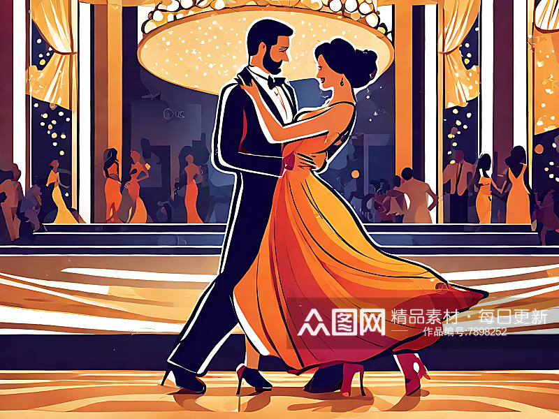 卡通风舞会上跳舞的情侣AI数字艺术素材