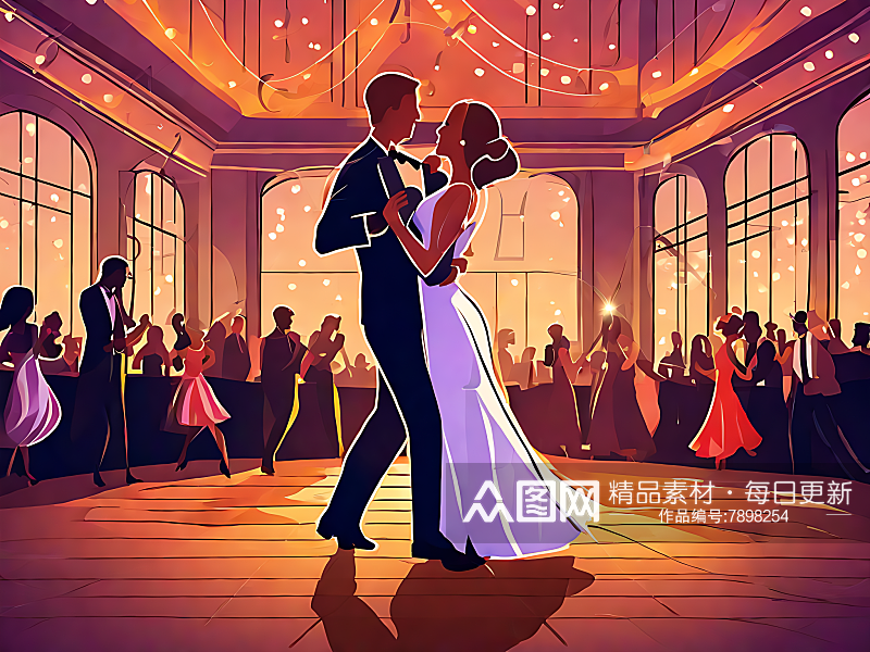 卡通风舞会上跳舞的情侣AI数字艺术素材