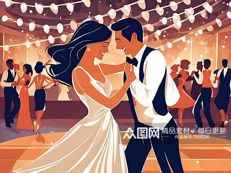 AI数字艺术卡通风舞会上跳舞的情侣素材