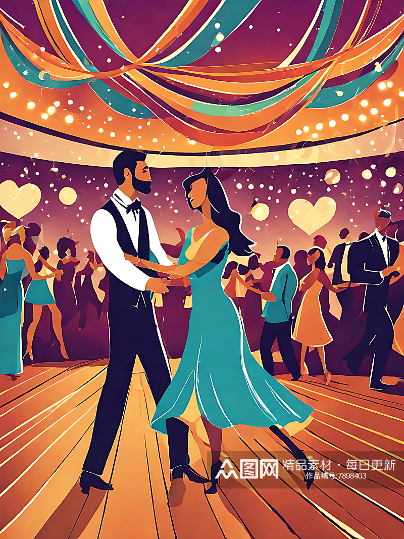 AI数字艺术卡通风舞会上跳舞的情侣素材