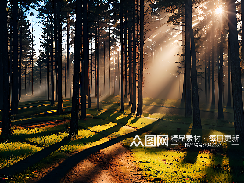 摄影风阳光洒进树林AI数字艺术素材