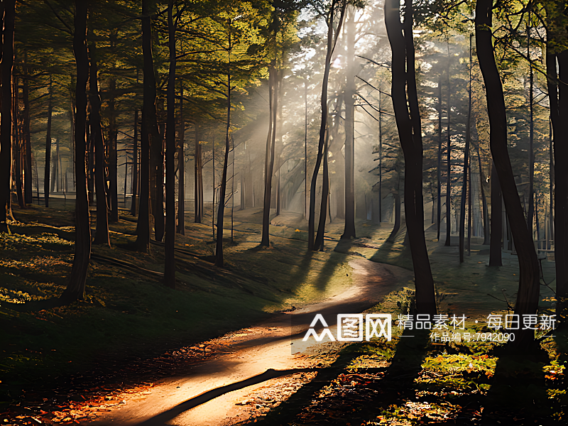 阳光洒进树林摄影图AI数字艺术素材