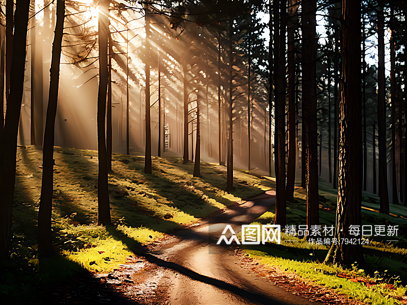 AI数字艺术摄影风阳光洒进树林素材