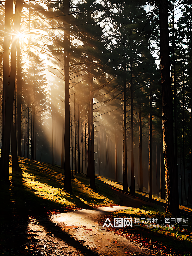 AI数字艺术摄影风阳光洒进树林素材