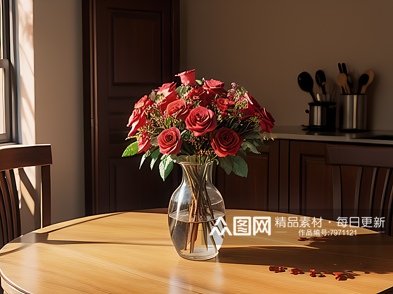 AI数字艺术摄影风餐桌上花瓶里的玫瑰花素材