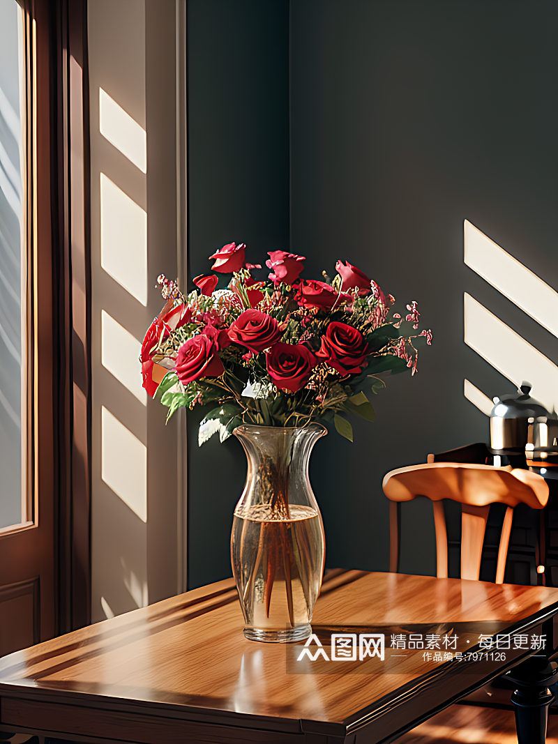AI数字艺术摄影风餐桌上花瓶里的玫瑰花素材