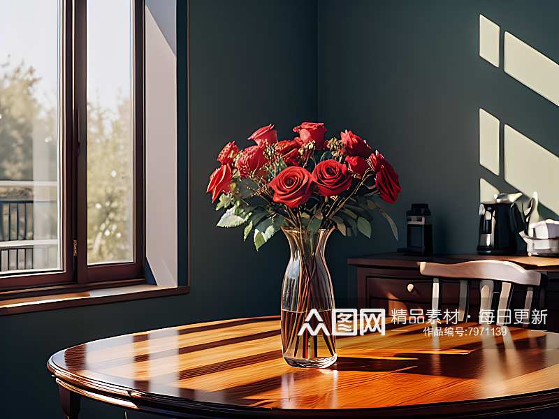 摄影风餐桌上花瓶里的玫瑰花AI数字艺术素材