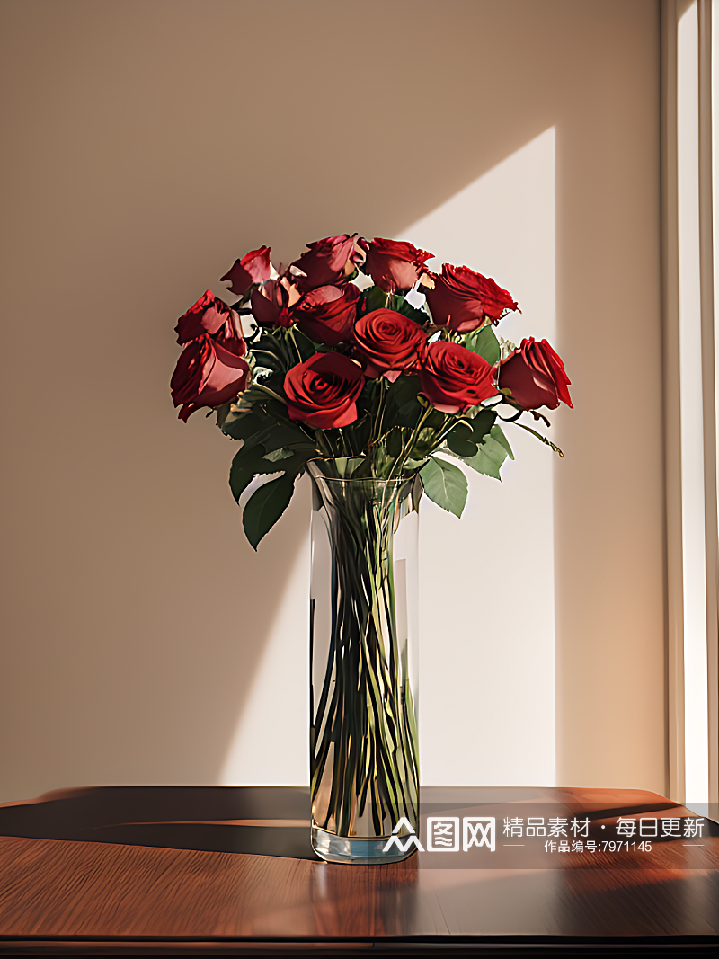 摄影风餐桌上花瓶里的玫瑰花AI数字艺术素材