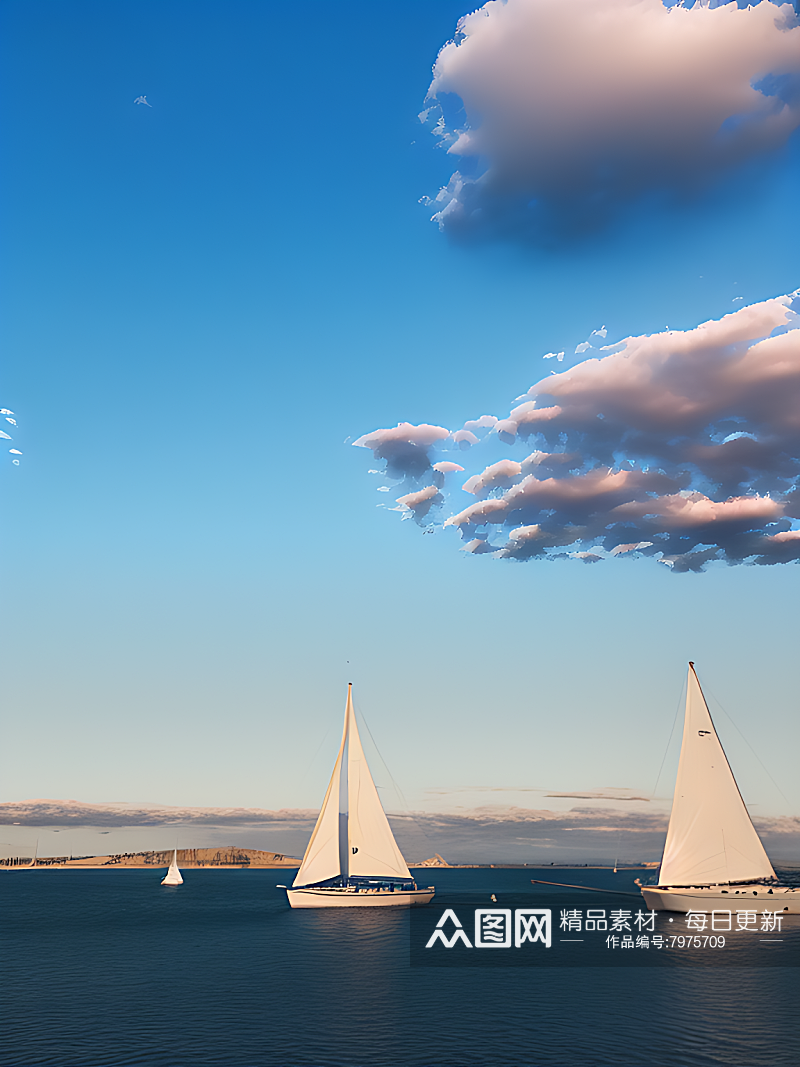 AI数字艺术摄影风蓝天白云帆船远景素材