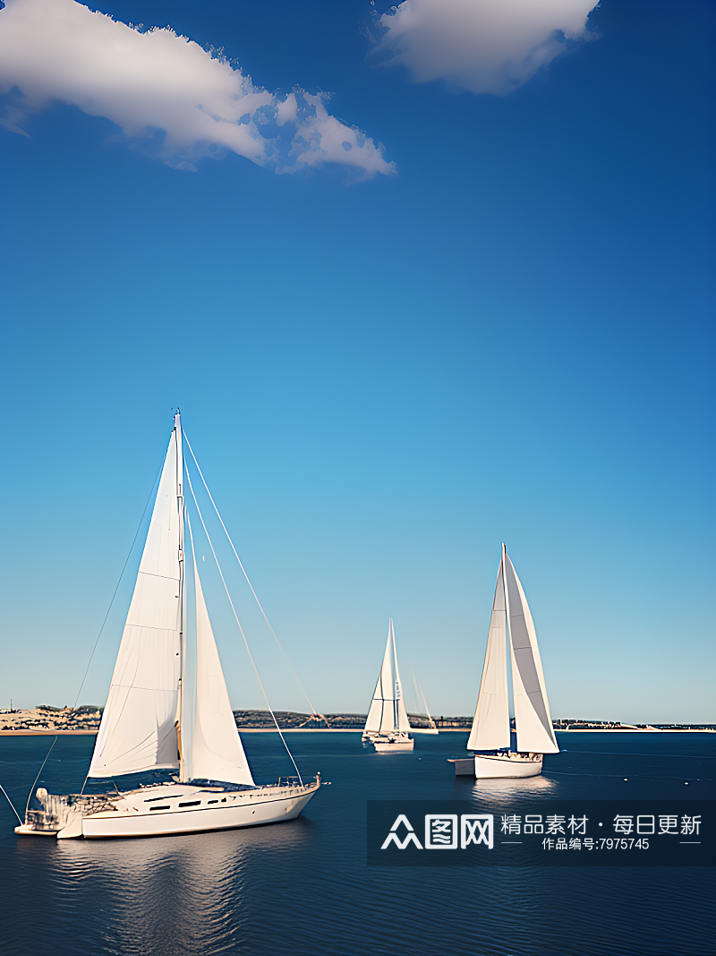 AI数字艺术摄影风蓝天白云帆船远景素材