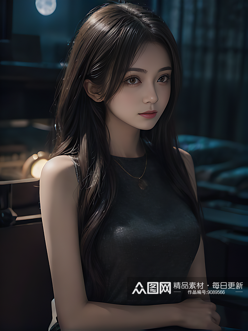 AI数字艺术黑夜里的美女写实摄影素材