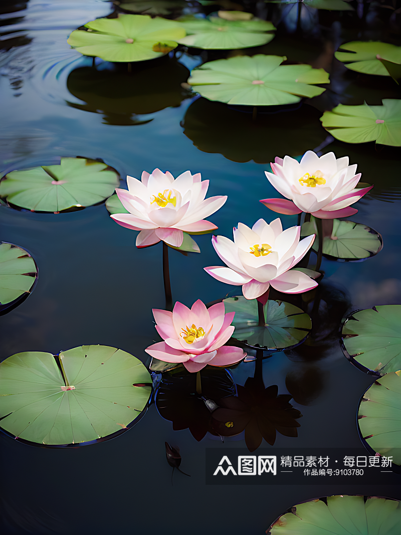 AI数字艺术夏天荷塘绽放的荷花写实摄影素材