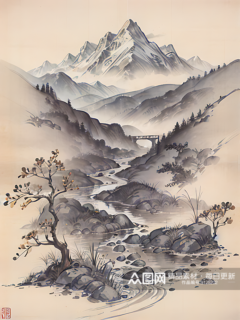 古代建筑江山风景水墨画AI数字艺术素材