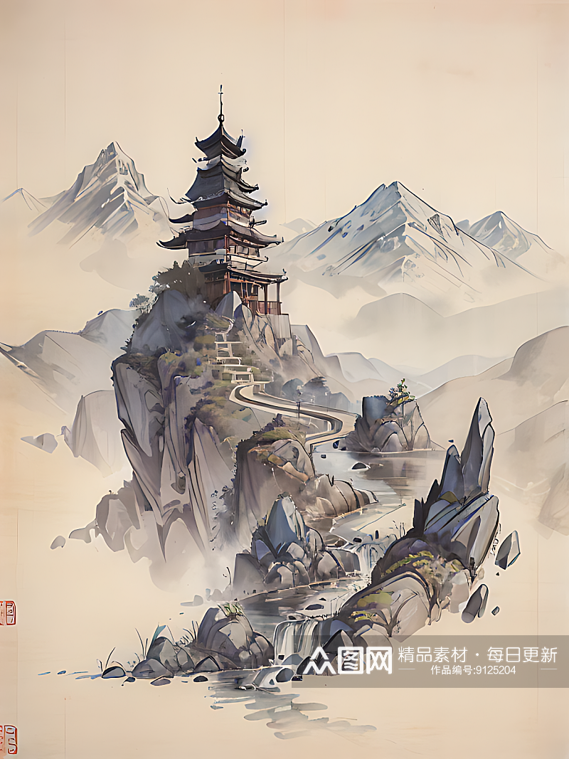 古代建筑江山风景水墨画AI数字艺术素材