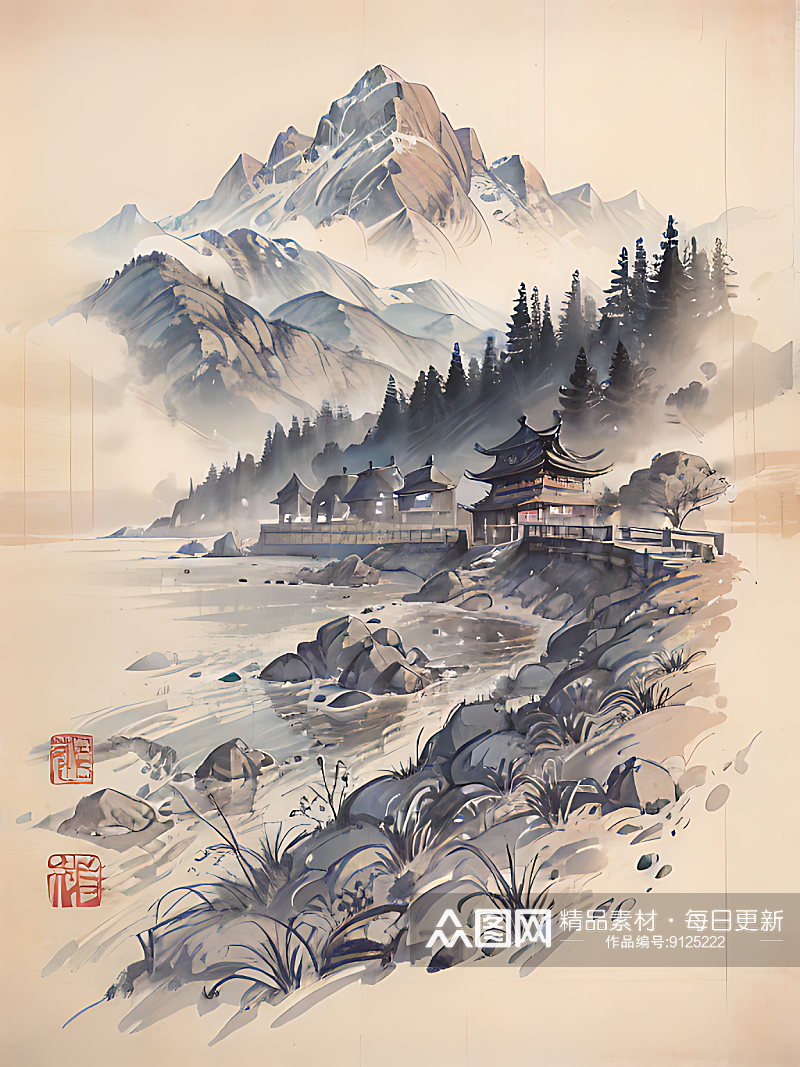 AI数字艺术古代建筑江山风景水墨画素材