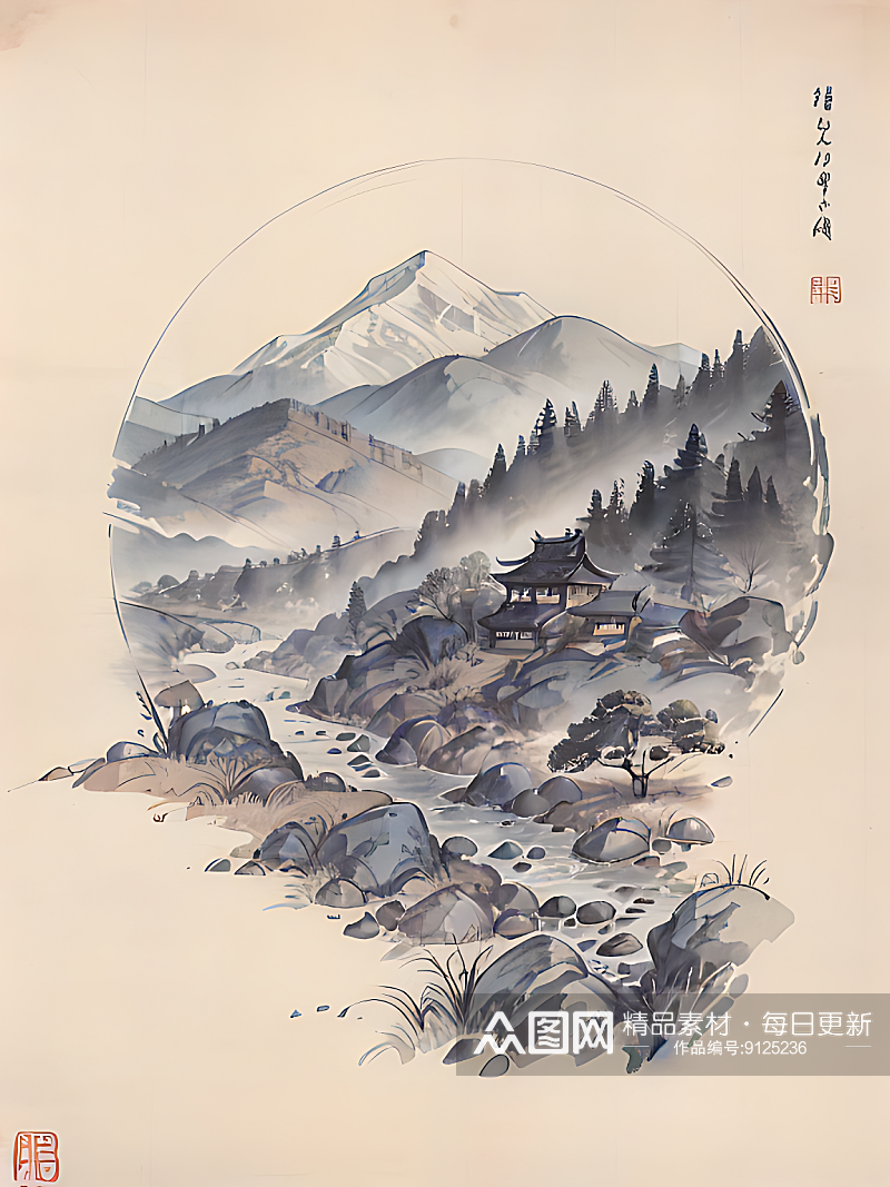 AI数字艺术古代建筑江山风景水墨画素材