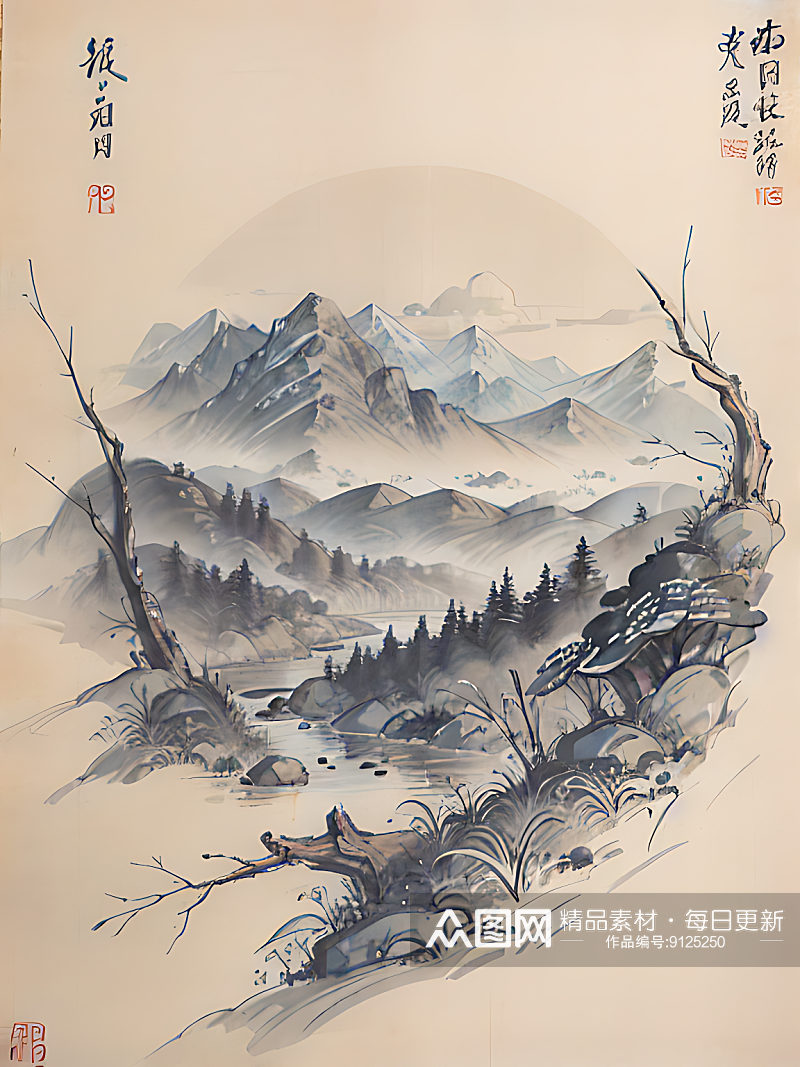 AI数字艺术古代建筑江山风景水墨画素材