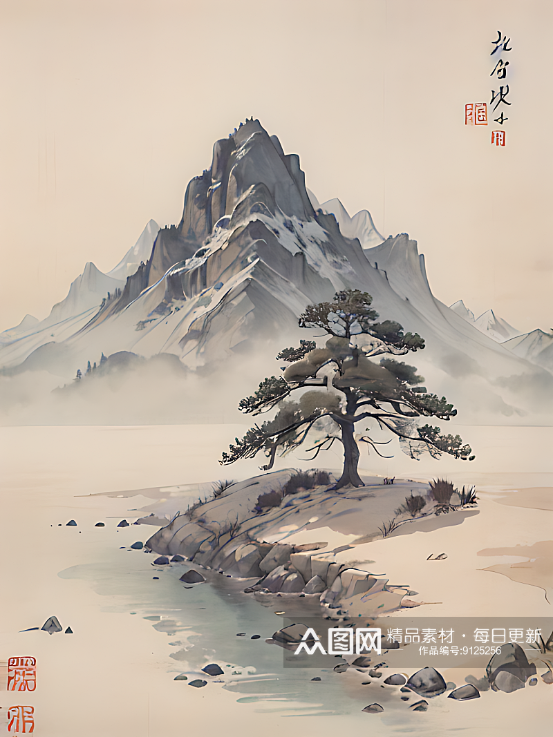 AI数字艺术古代建筑江山风景水墨画素材