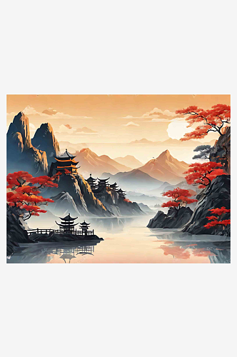 中国风树木山脉AI数字艺术