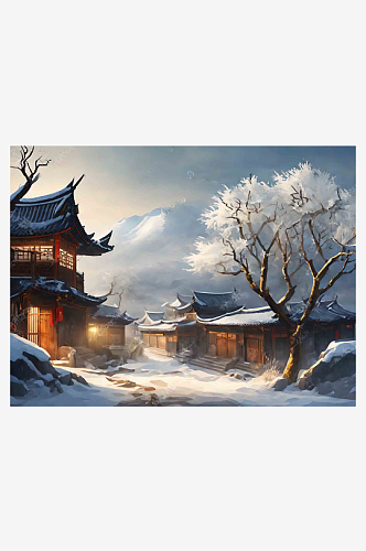 中国风树木山脉AI数字艺术