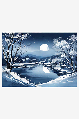 夜晚雪景插画AI数字艺术