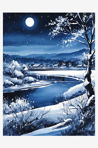 夜晚雪景插画AI数字艺术