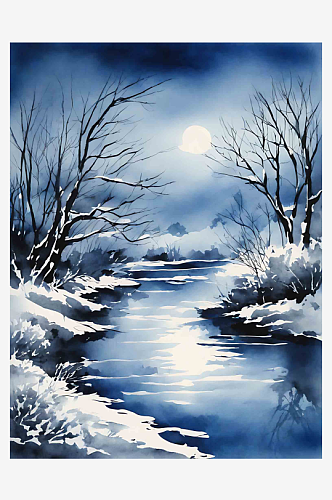 夜晚雪景插画AI数字艺术