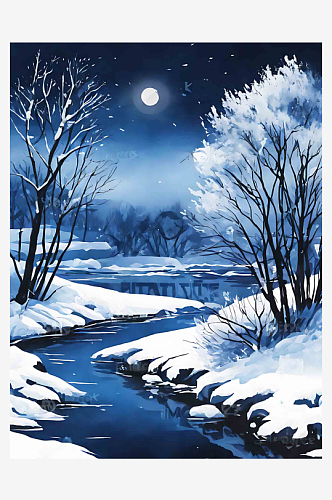 夜晚雪景插画AI数字艺术