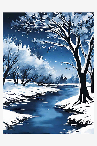 夜晚雪景插画AI数字艺术